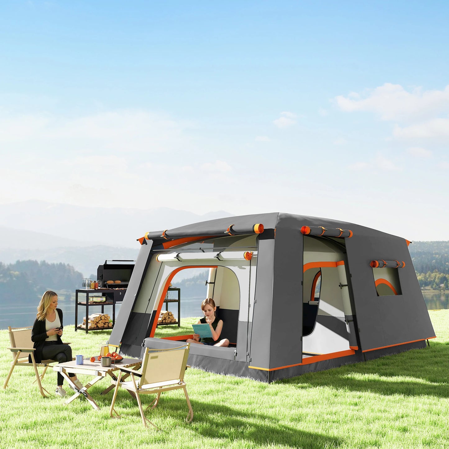Outsunny 4-6 Man Camping Tent, Double Layer Tunnel Tent with Porch, Living Area and 2 Bedrooms, Sewn in Groundsheet
