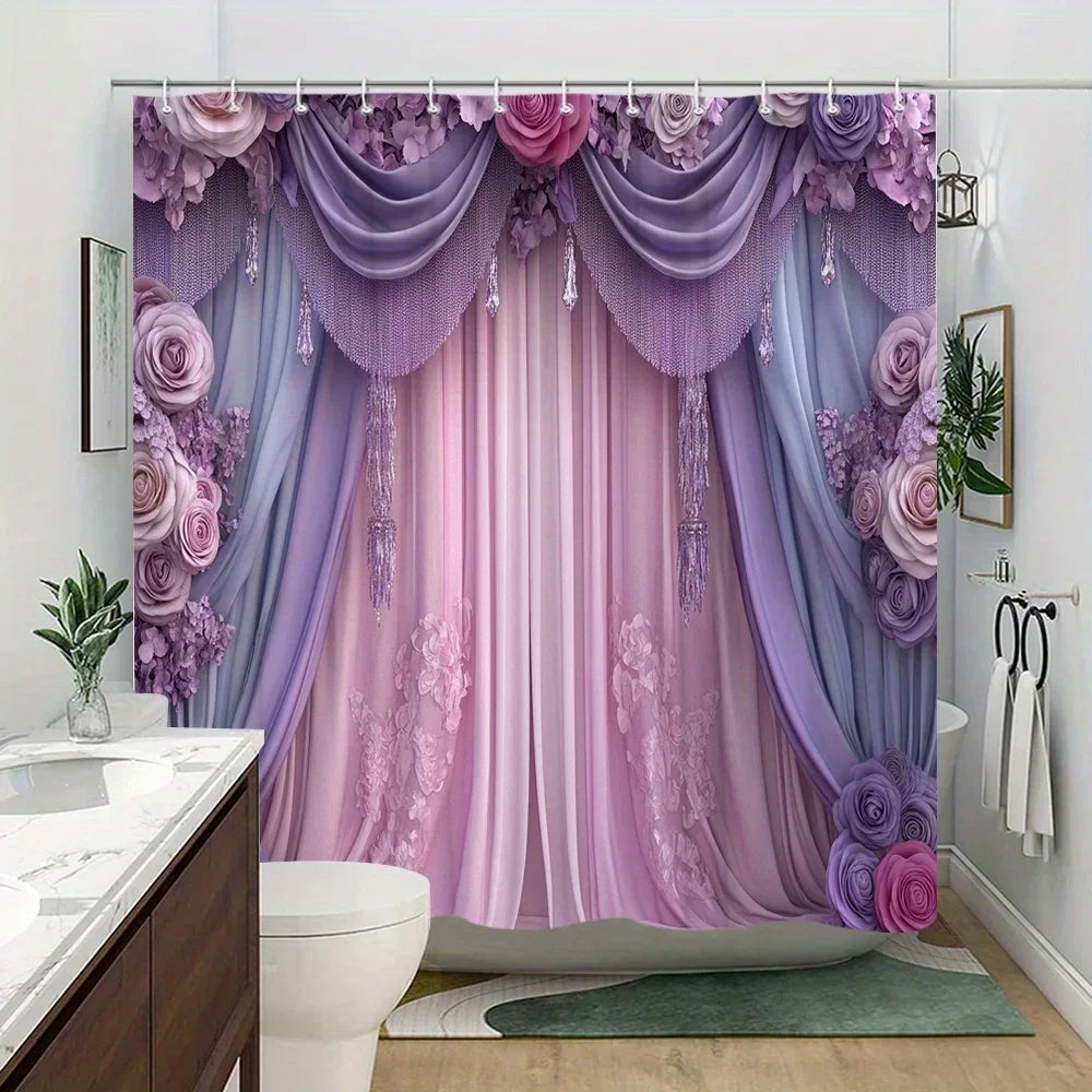 Victorian Lavender & Pink Floral Shower Curtain - Crystal Pendants, Elegant Luxury Polyester,   12 Hooks, Elegant Bath Decor
