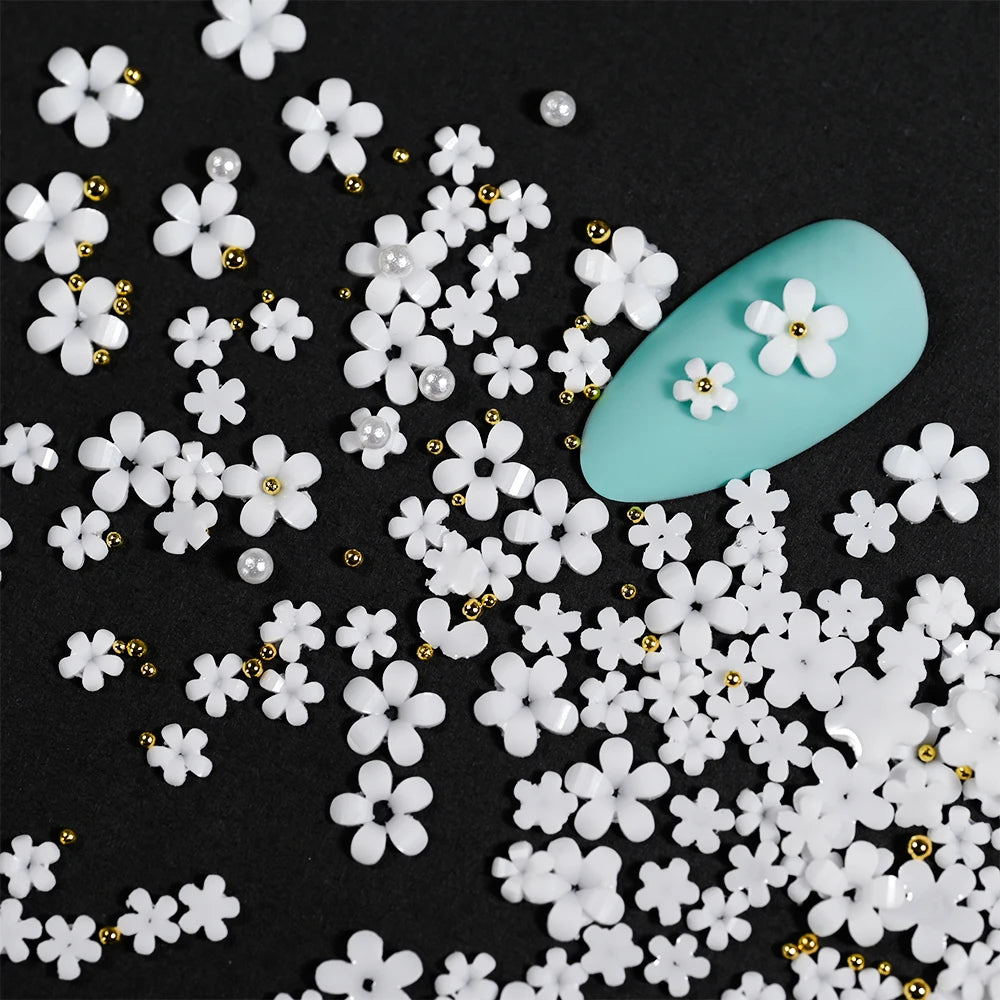 1box 3D Flower Bow Nail Art Decorations Kit Pink/White Acrylic Floral/Peal Beads Nail Charm with Wax Pen/Tweezer 4/6mm Nail Part