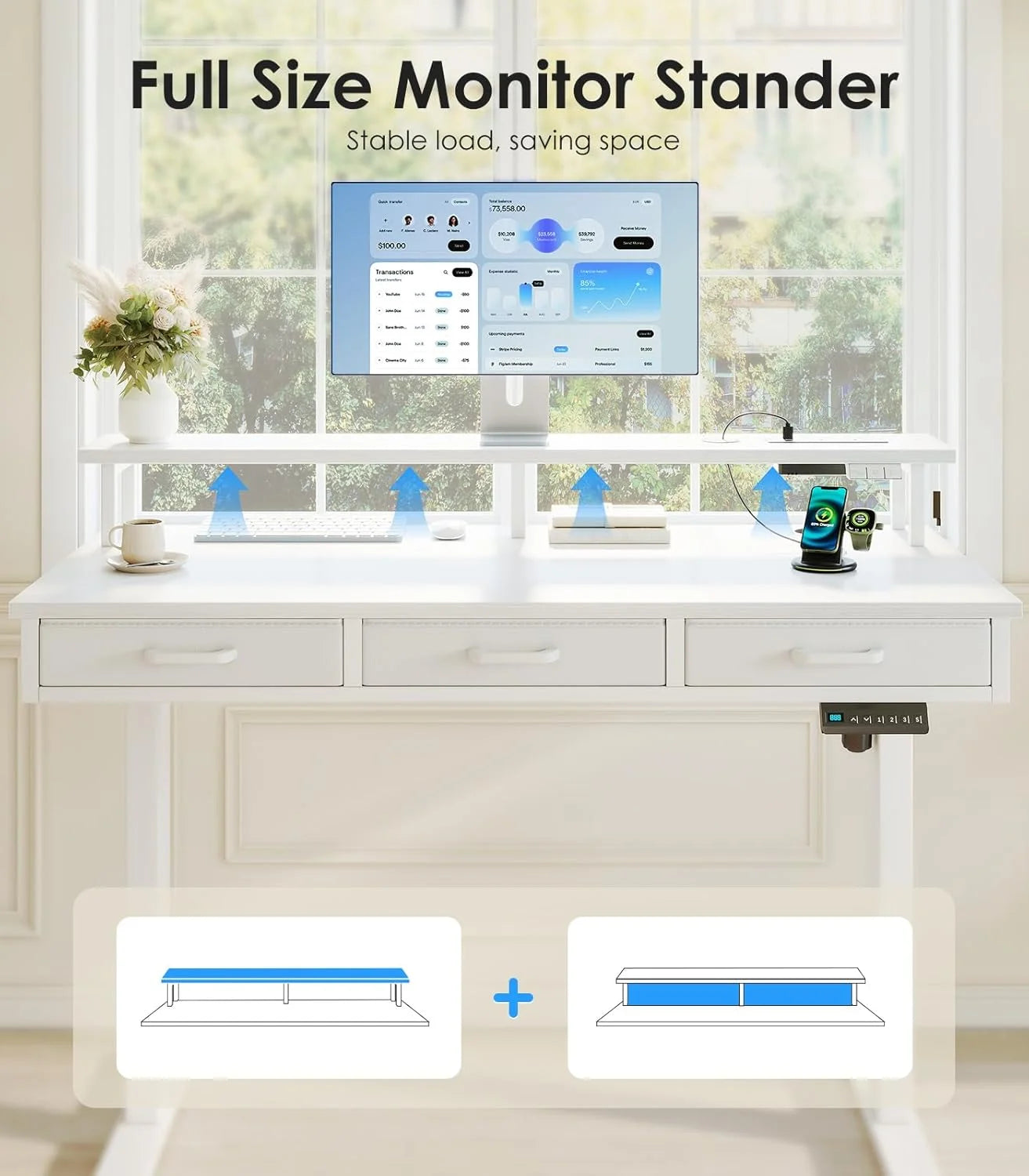 OffiGo Electric Standing Desk, 120 x 54cm Height Adjustable Desk with 3 Drawers, RGB LED Strip , White