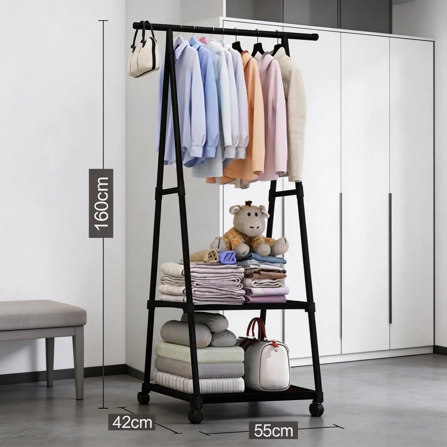 Multifunctional Coat Rack Movable Bedroom Clothes Hanger Stand Simple Coat Storage Shelf Space-saving Clothes Organizer Rack