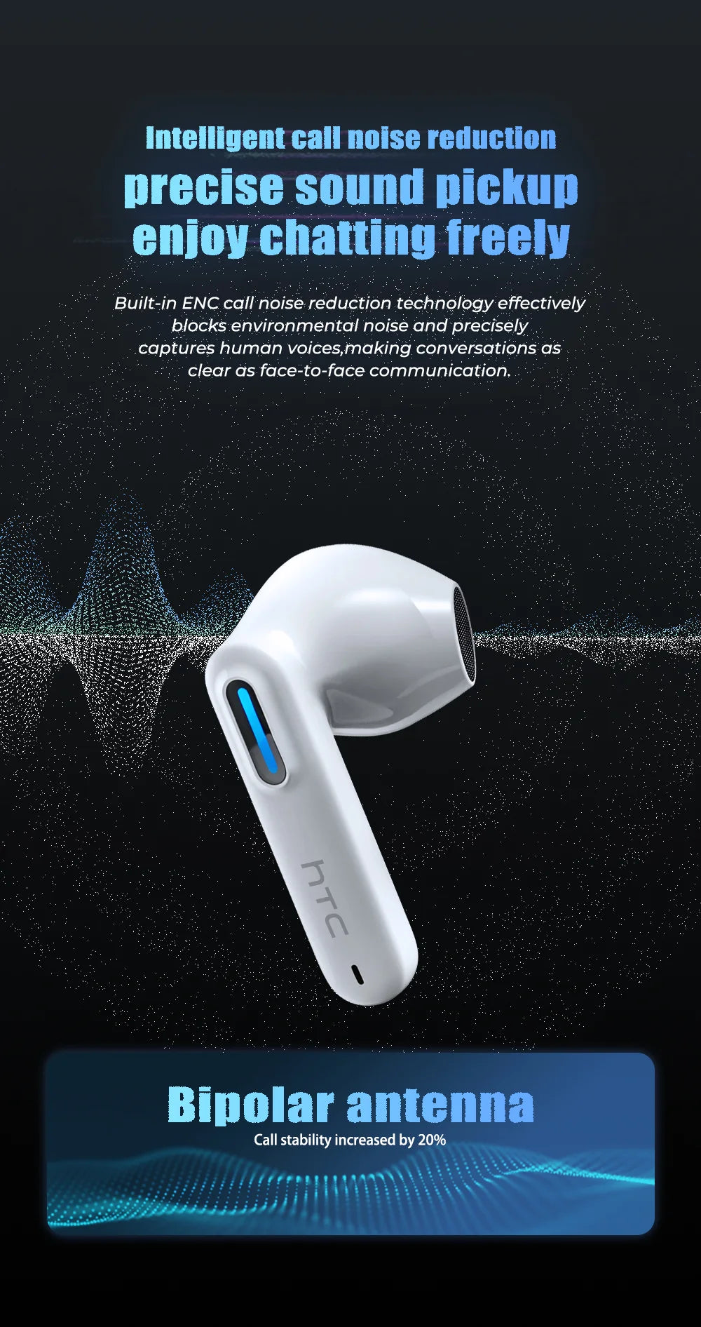 HTC NE49 Earphones Bluetooth V6.0 Noise Reduction TWS Sports Wireless Headphones with Mic Long life