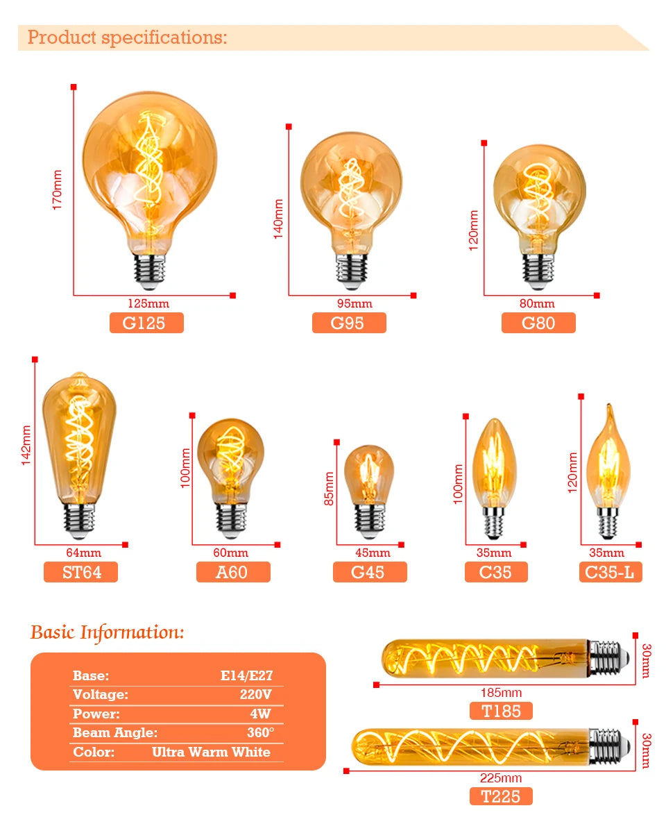 1-10pcs E27 E14 Retro Edison LED Filament Bulb AC 220V Spiral Light C35 G45 A60 ST64 G80 G95 G125 Glass Bulb Retro Candle Lamp
