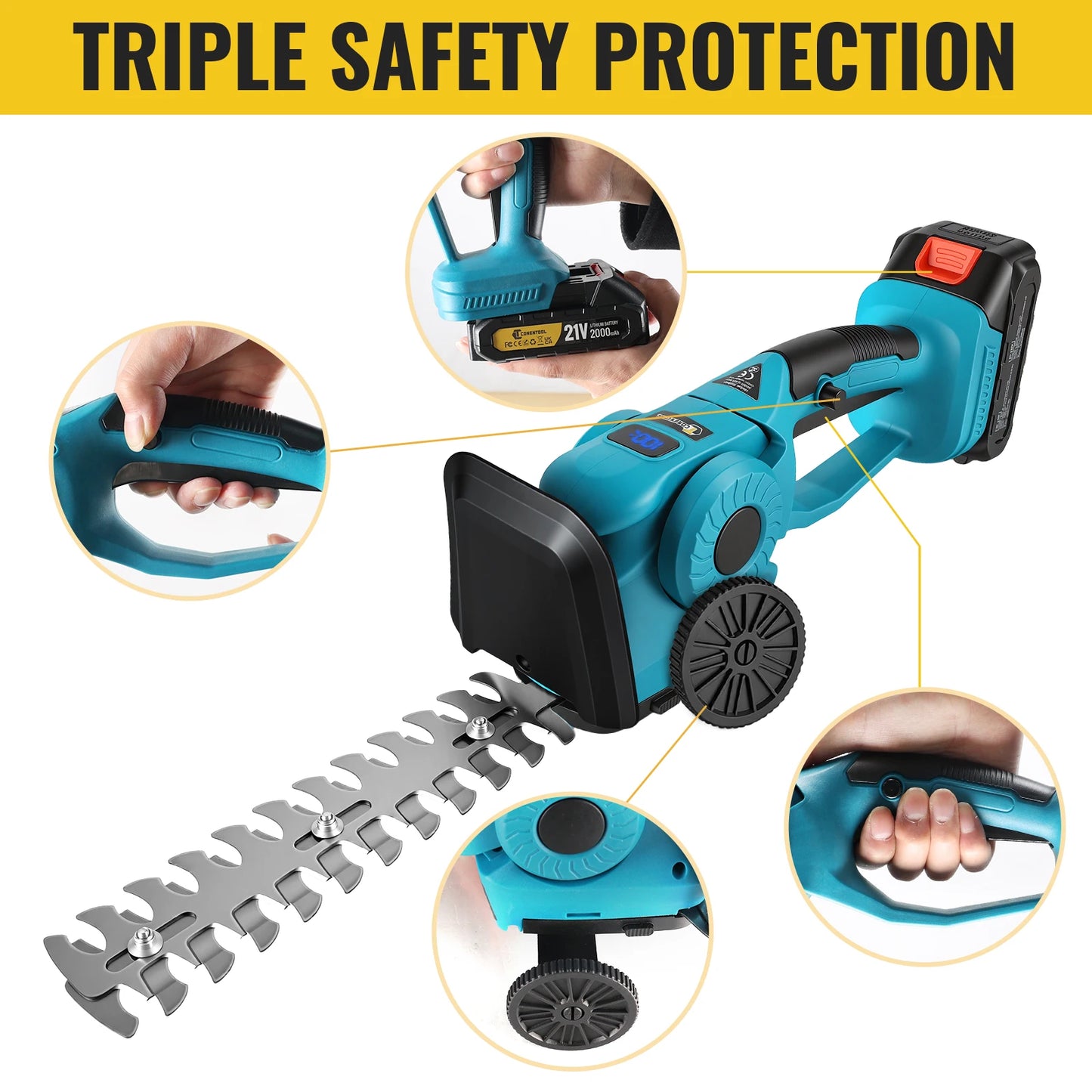 CONENTOOL 2in1 21V Cordless Hedge Trimmer 20000RPM 9 Inch Electric Shrub Pruning Shears Grass Cutter for Makita 18V Battery Pin