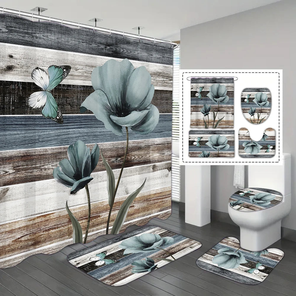 4-piece set of blue white jade orchid waterproof printed shower curtains with 12 hooks, bathroom floor mats