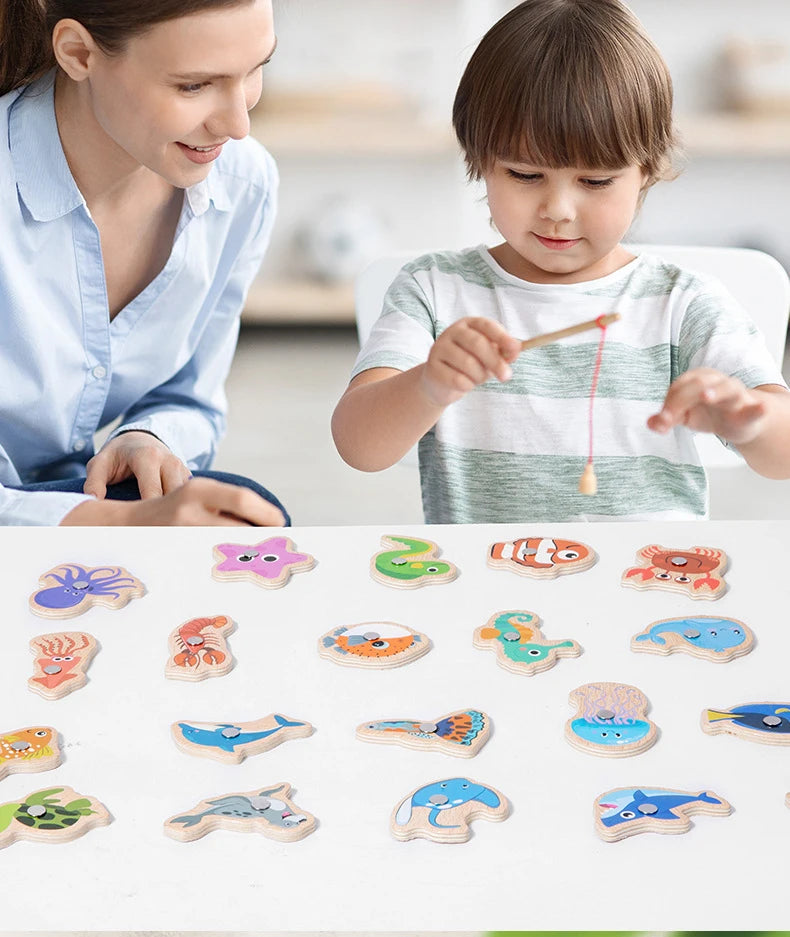 Wooden Magnetic Fishing Toys for Children Marine Life Cognition Fish Games Baby Early Educational Parent-child Interactive Toy