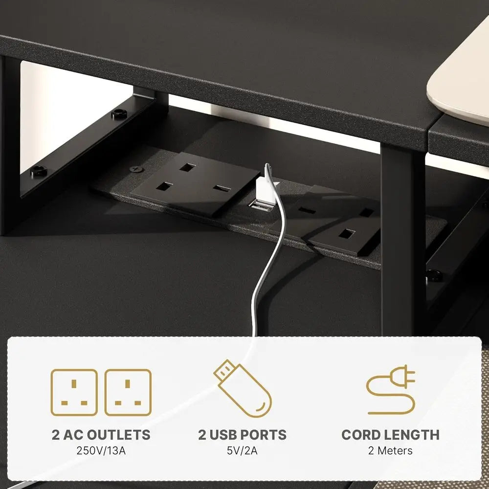 120x70cm L-Shaped Computer Desk with Power Outlets, Monitor Stand and Reversible Shelves, Black