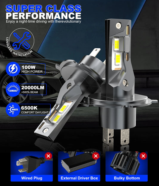 BEAMFLY 100W LED H4 Headlight Bulbs H7 Canbus Wireless Diode Light 6500K White 20000LM CSP Plug&Play Car Headlight Assemblies