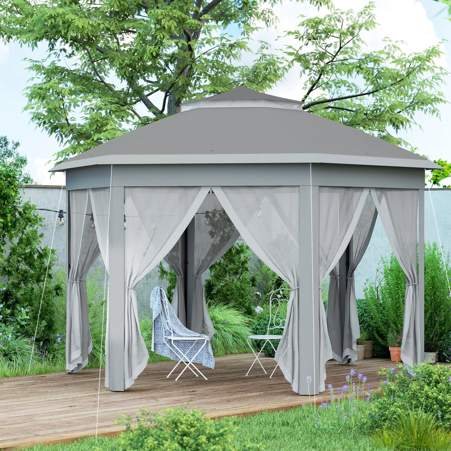 Outsunny 3 x 4m Garden Gazebo Hexagon Pop Up Party Tent Canopy Double Roof Instant Shelter with Netting and Carry Bag，Dark Grey