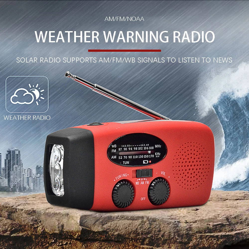 2000mAh high capacity rechargeable radio solar rechargeable emergency light outdoor camping flashlight waterproof portable light