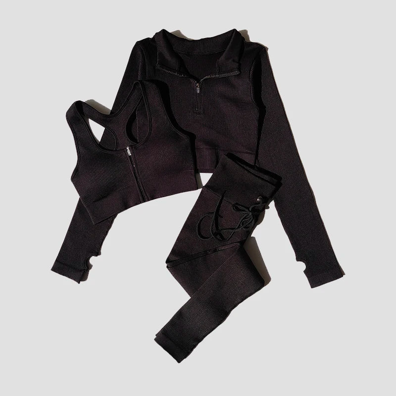 Seamless Women Yoga Set Workout Sportswear Gym Clothing Zipper Long Sleeve High Waist Leggings Fitness Bra Athletic Sports Suits