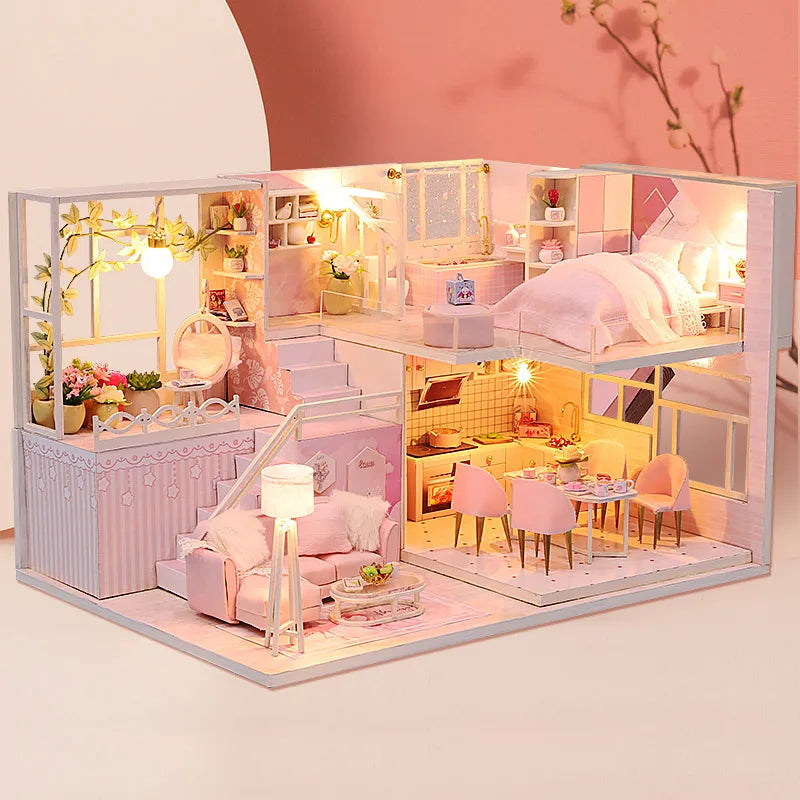 DIY Wooden Doll House Handmade Duplex Apartment Production 3D Puzzle Assembly Building Duplex Apartment Model Toy Children Gifts