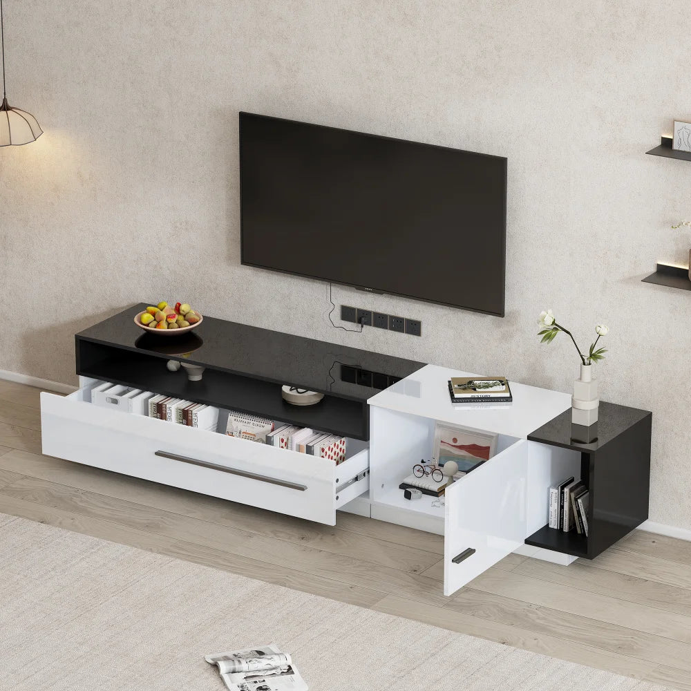 PINGGO 70 Inch High Gloss TV Stand, Entertainment Center for 60 to 70 Inch TVs with 2 Closed Storage Spaces,Living Room TV Stand