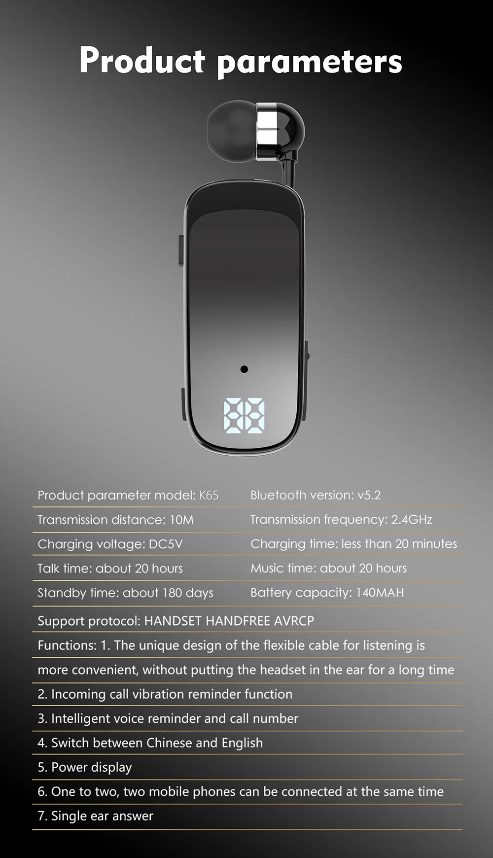 K65 20 Hours Work Time Mini Wireless Bluetooth Headset handsfree Call Remind Vibration Sport Clip Driver Earphone F920 K55 F580