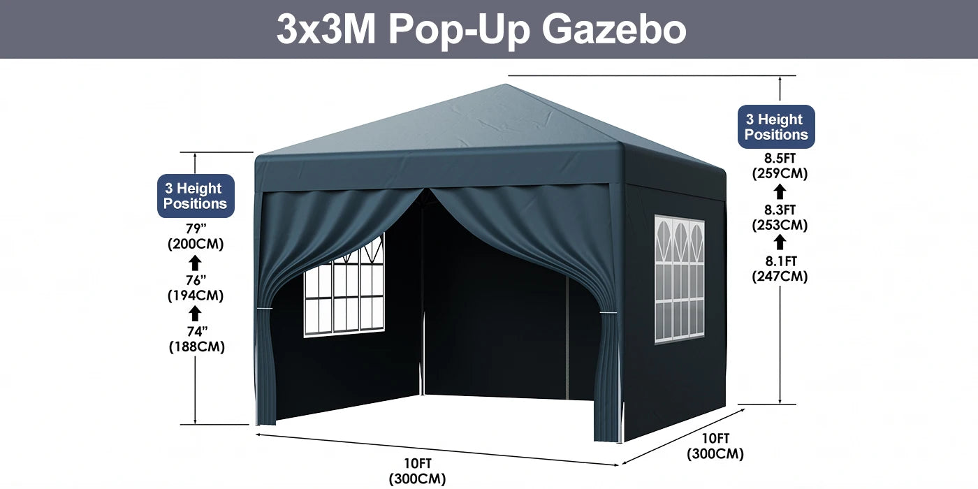 LOEFME 3x3M Pop Up Gazebo Waterproof Windproof Portable Outdoor Canopy Sun Shelter Removable 4 Sides Cloths Garden Camping Tent