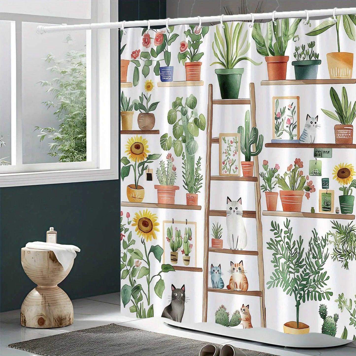 Shelf Potted Cat Shower Curtain, Green Plants & Flower Stands, Pastoral Design, Polyester, 12 Hooks