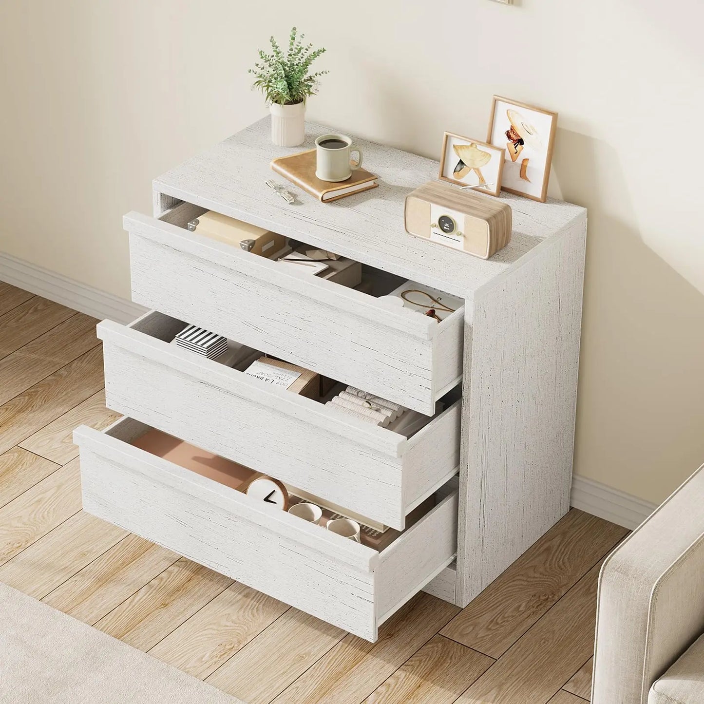 3 Drawer Dresser for Bedroom, White Nightstand 3 Chest of Drawers with Large Storage, Small Modern Bedside End Table