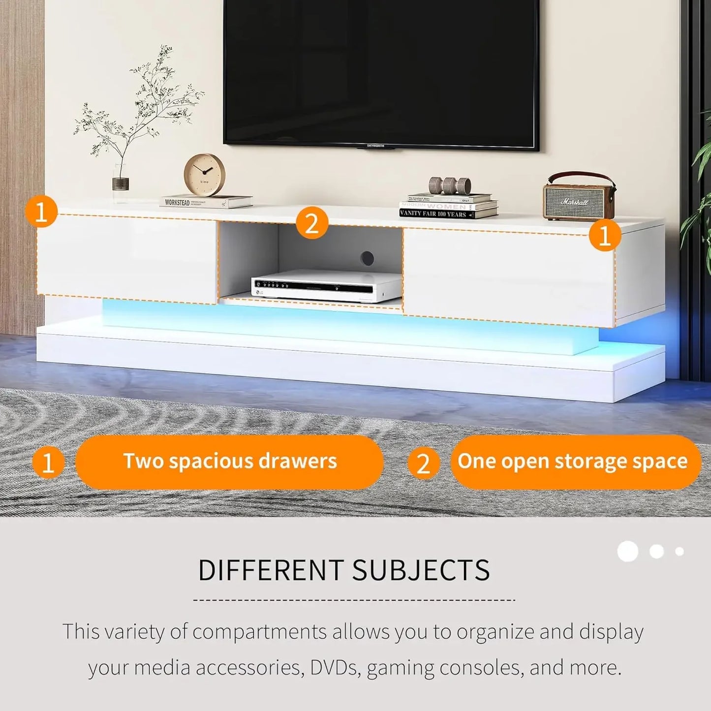 Frontal high-gloss TV stand with 16 RGB LEDs, 2 drawers, and 1 open storage space for 70-79-inch TV stand in living room