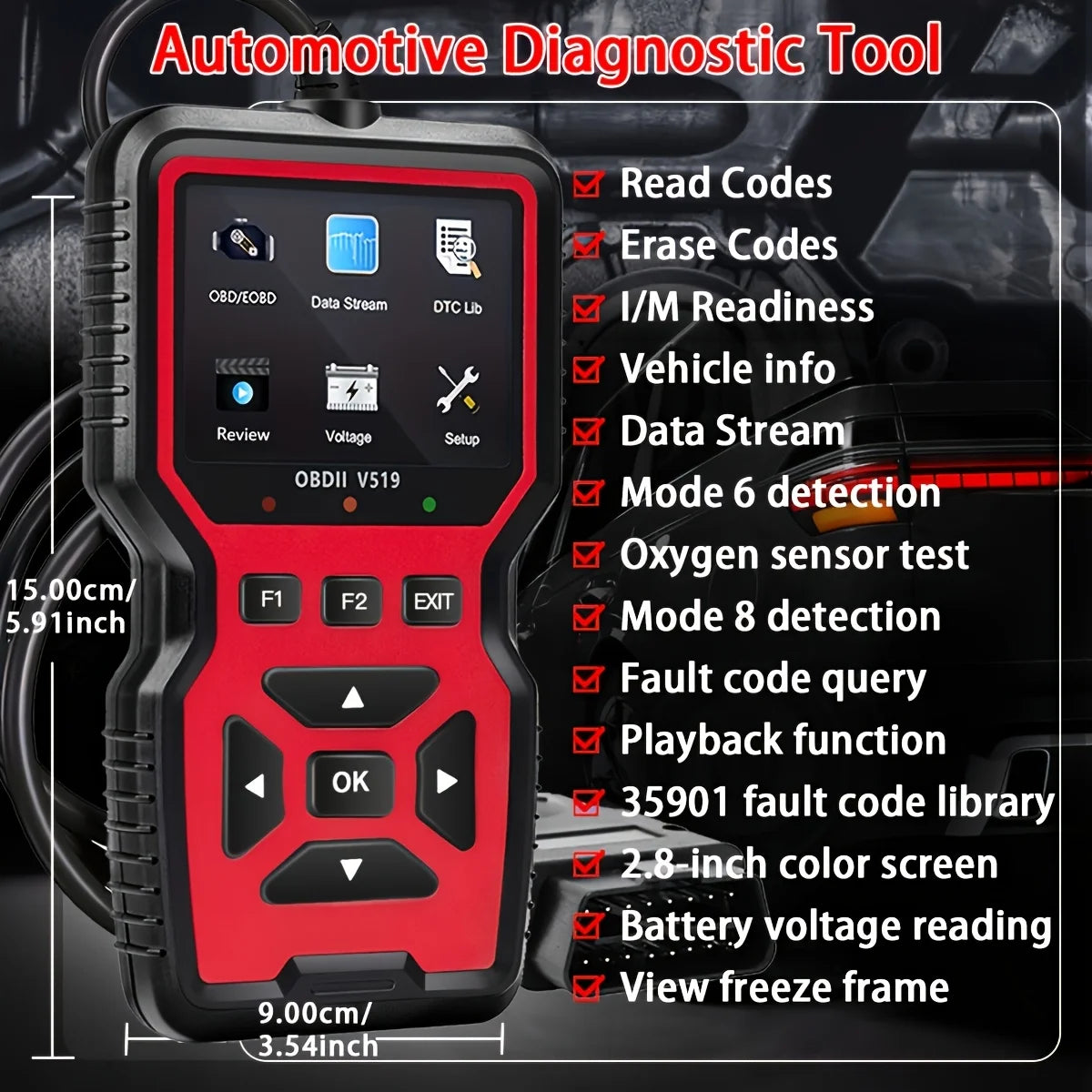 Professional Advanced Obdii/Eobd Car Diagnostic Scan Tool, Battery Tester, I/M Readiness Status, Fault Code Eraser, Suitable for All Obd Ii Protocol Cars Manufactured since 1996, No Battery Required