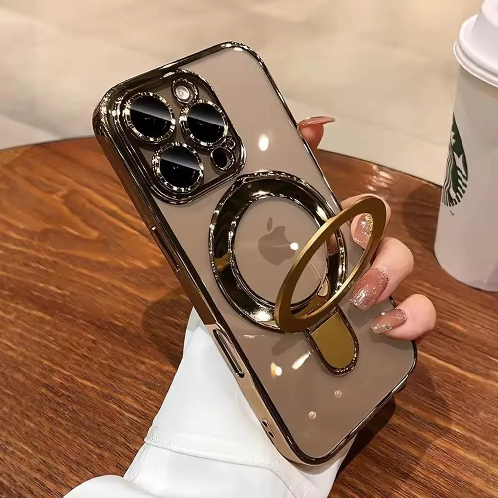 Luxury For Magsafe Bracket Case For iPhone 17 Air 16 Pro 15 14 13 12 11 Pro Max Magnetic Ring Stand Holder Clear Soft Cover
