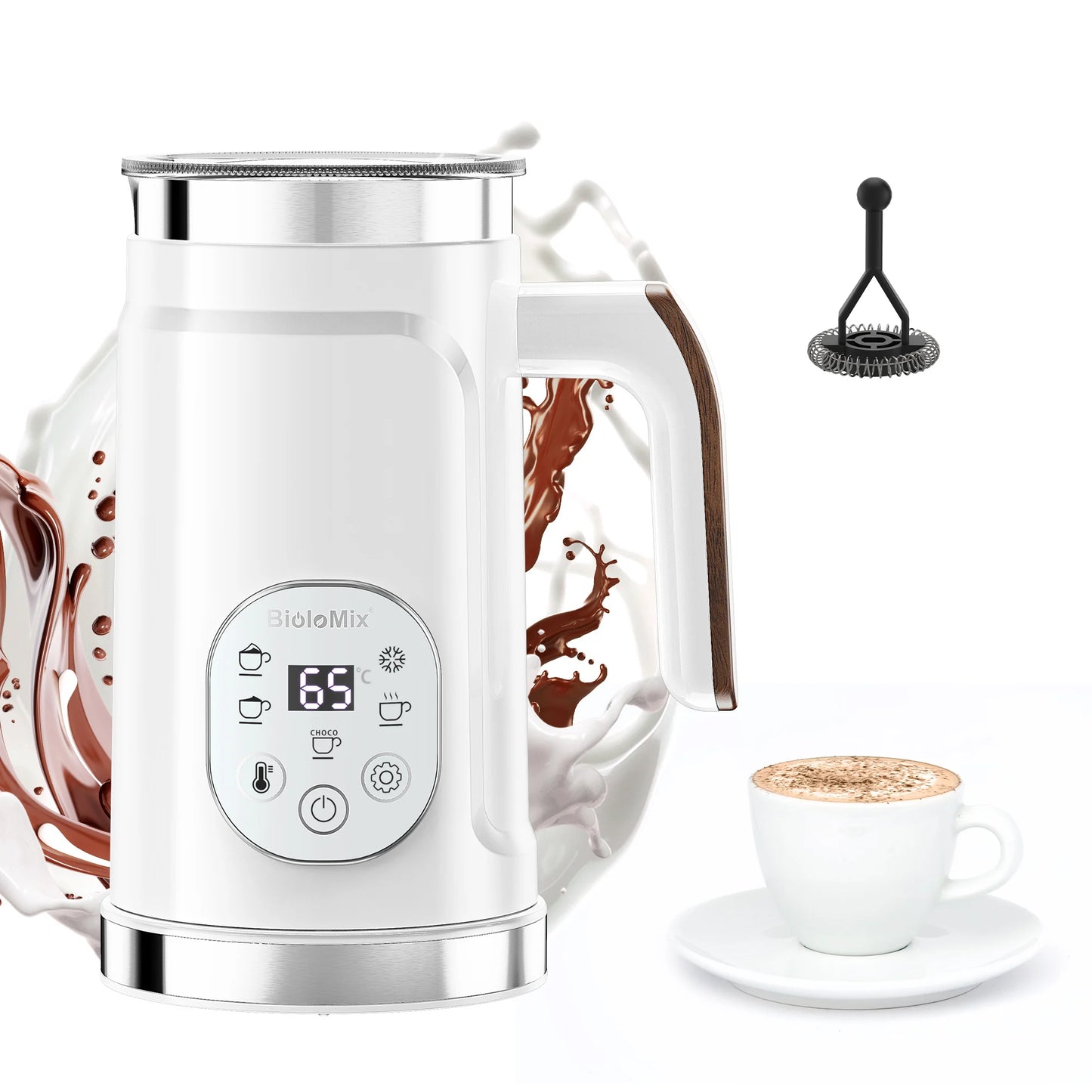 BioloMix Upgraded 5-in-1 LED Touch Screen Milk Frother for Lattes & Coffee, Hot And Cold Foam Maker