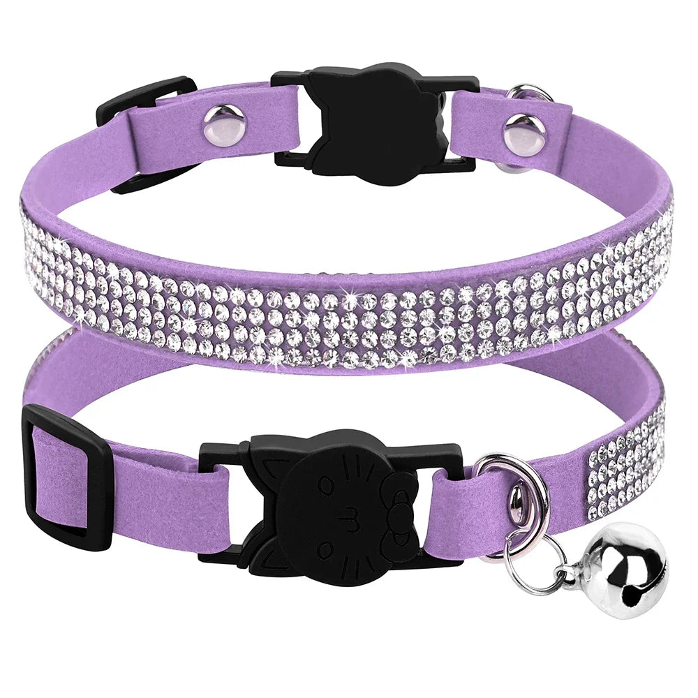 Soft Pink Suede Leather Cat Collar - Cute Bling Rhinestone Design, with Bell & Safety Breakaway Buckle, Adjustable XS/S Sizes