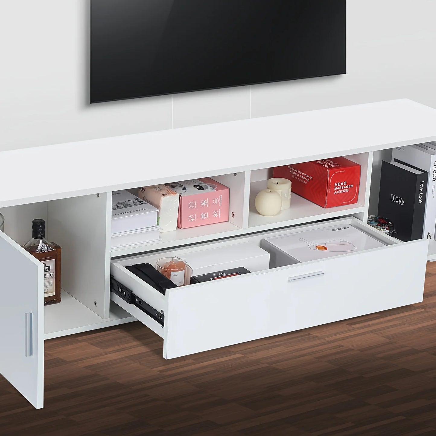 160cm Wide Modern White High-Gloss TV Stand Cabinet with RGB LED (16-Color RGB) & Shelves - Heavy-Duty TV Unit for 65-85