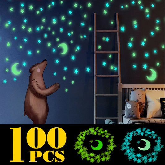 100 Wall Glow In The Dark Stars Stickers Baby Kids Nursery Bed Room Ceiling Cute