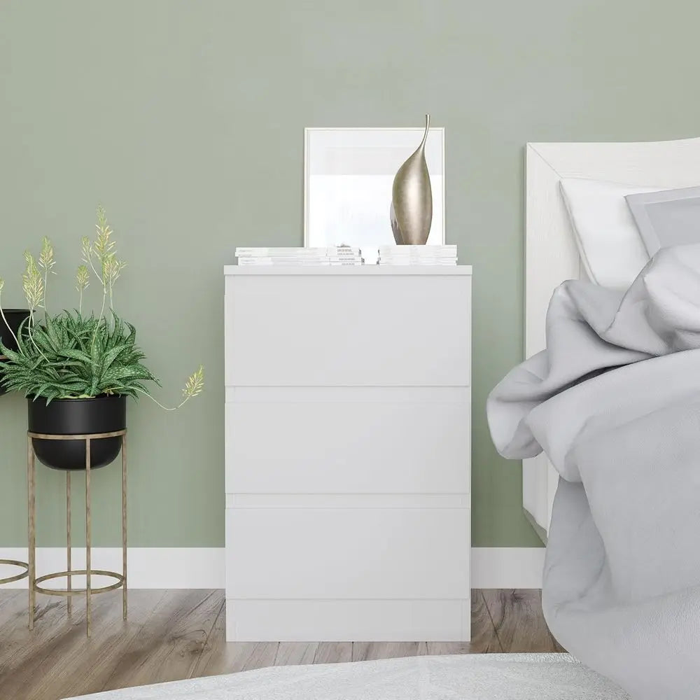 62cm Tall 3-Drawer Bedroom Storage Cabinet with Metal Glides - White (Bedroom, Living Room, Office, Hallway)