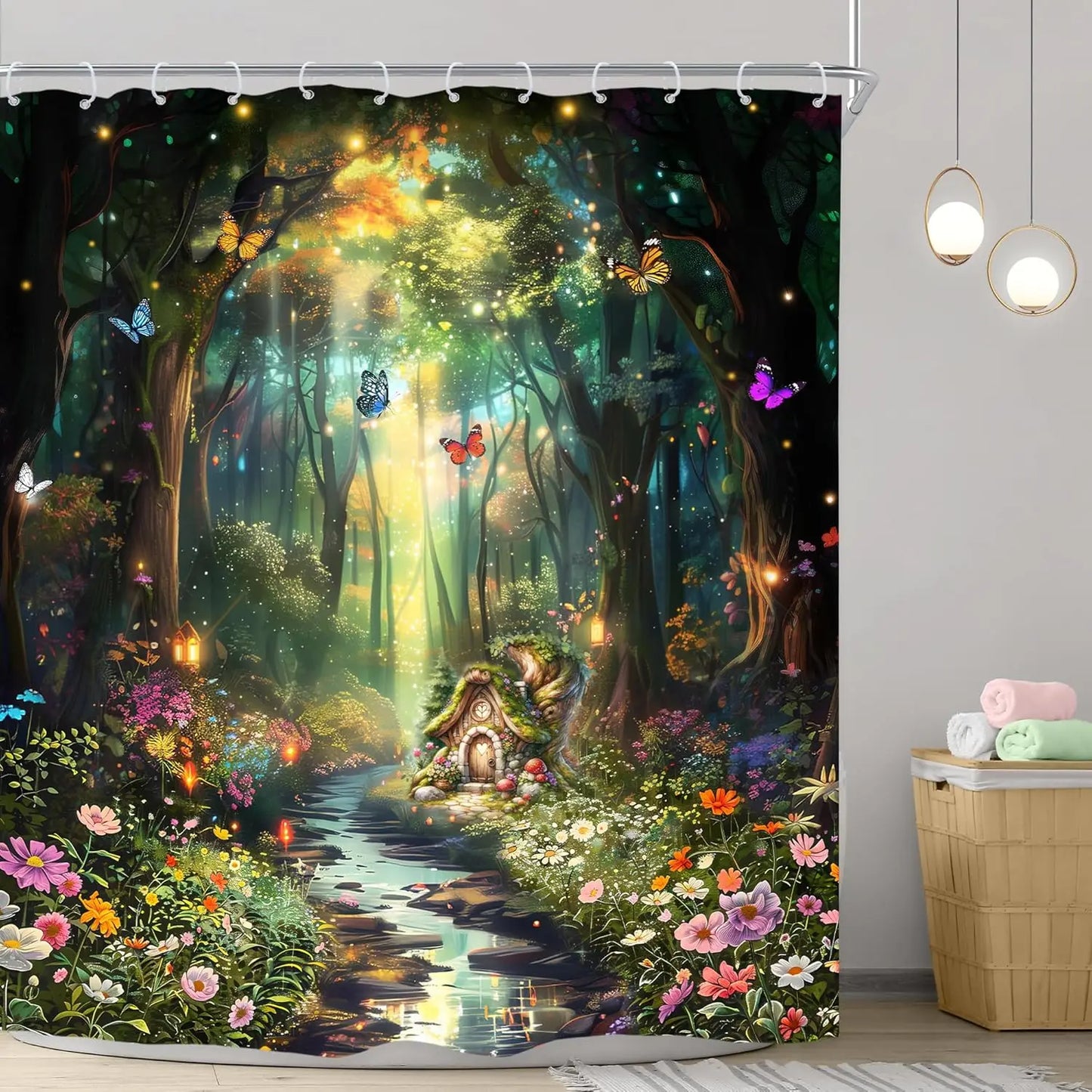 Fantasy Shower Curtain Fairy Beautiful Wonderland Woodland Tree Wildflower Floral Garden Butterfly Plant Tale Nature Bathroom