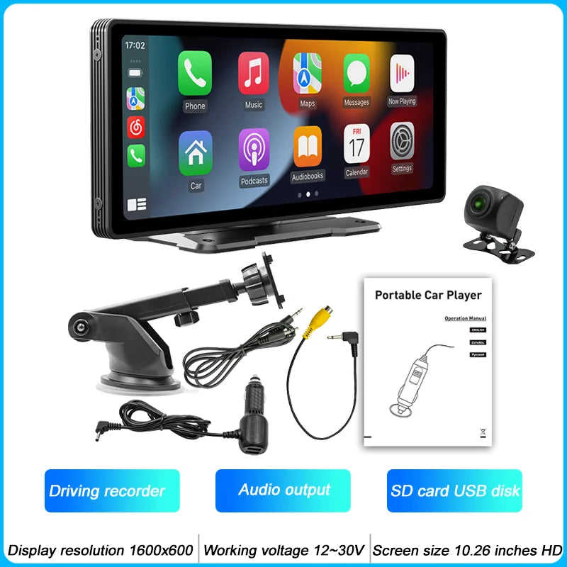 BQCC 10.26 Inch Portable MP5 Multimedia Video Player Android Auto Wireless Carplay Screen HD Rear Reversing Camera Car Radio