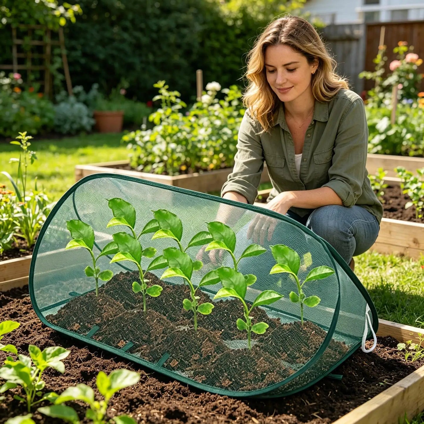 Foldable Plant Protection Netting Pop-Up Netting Garden Row Covers with 6Pcs Ground Stakes Mesh Plant Cage for Yard Flower Beds