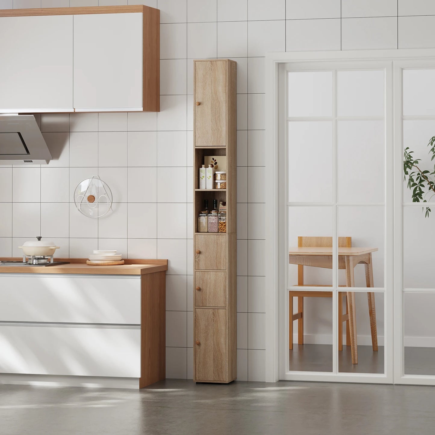 BonChoice Tall&Slim Bathroom Cabinet with 4 Doors&2 Open Shelves, Slim Bathroom Storage Cabinet Unit Narrow Cupboard