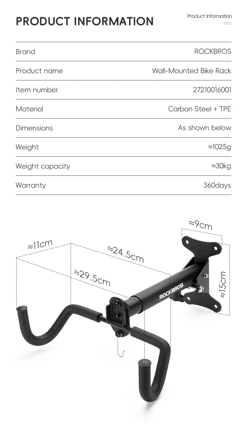 ROCKBROS Bike Rack Wall Mount Garage Home Adjustable Bicyle Rack Horizontal Bike Hook Thickened Reinforced MTB Road Bike Holder