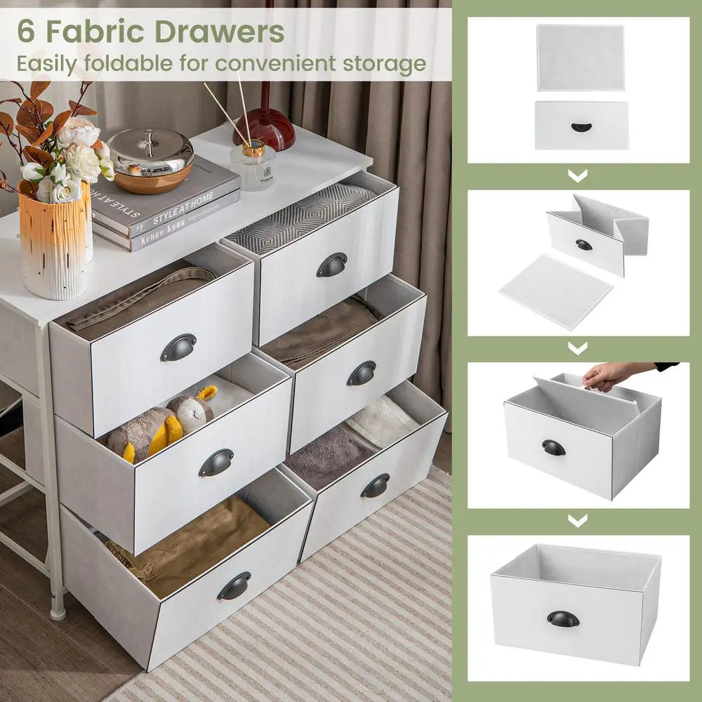5 6Drawer Dresser, Fabric Chest of Drawers Storage Tower with Wooden Top amp Front, Metal Frame Cabinet Organiser Unit for Bedr