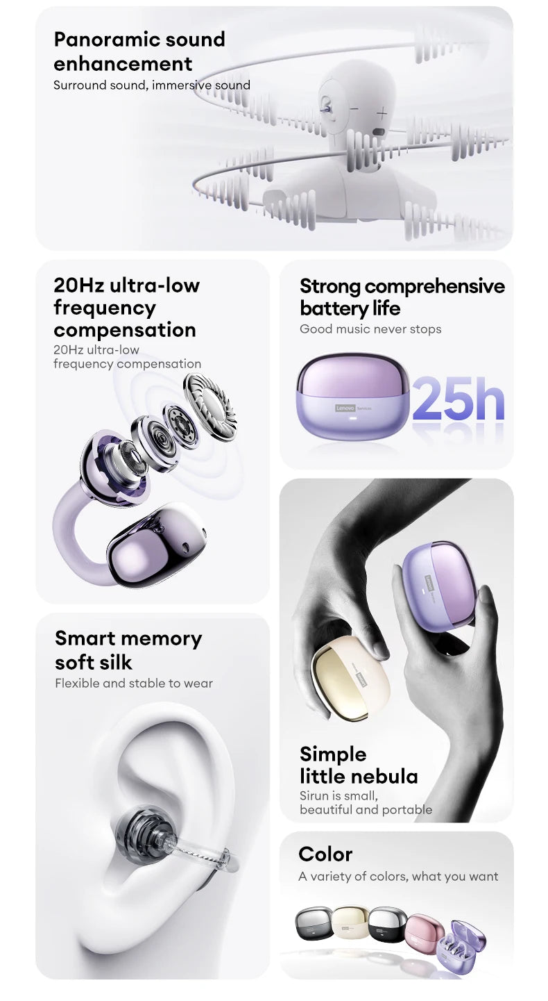 Choice Lenovo LE302 OWS Ear clip Wireless Earphones Low Latency HD Call Bluetooth Headphones HiFi Music Sport Fashion Earbuds