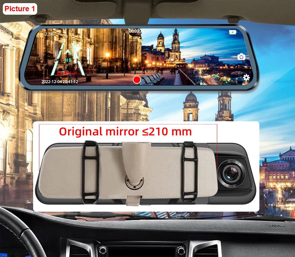 E-ACE 2.5K Mirror Camera For Car Touch Screen Video Recorder Rearview Mirror Dashcam 1440P GPS Wifi 24H Parking DVR Black Box