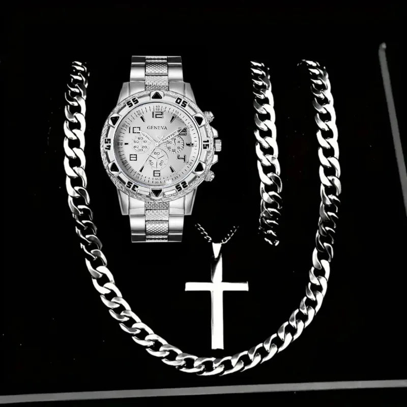 4PCS Fashion Arabic Dial Men Business Watches Bracelet Necklaces Set Luxury Mens Quartz Wristwatch Reloj Hombre（Without Box）