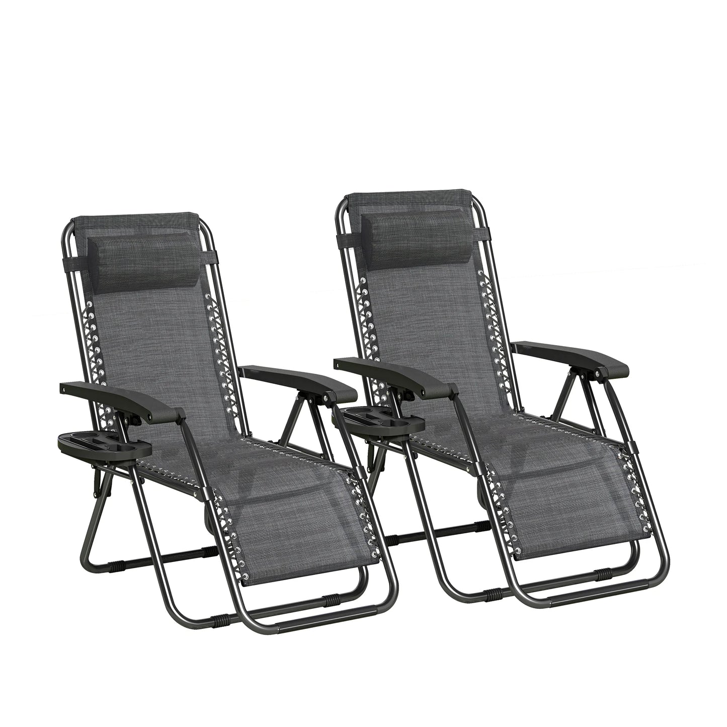 Zero Gravity Reclining Chair Set of 2 – Folding Outdoor & Garden Chairs with Textilene Fabric, Cup Holder and Headrest Pillow