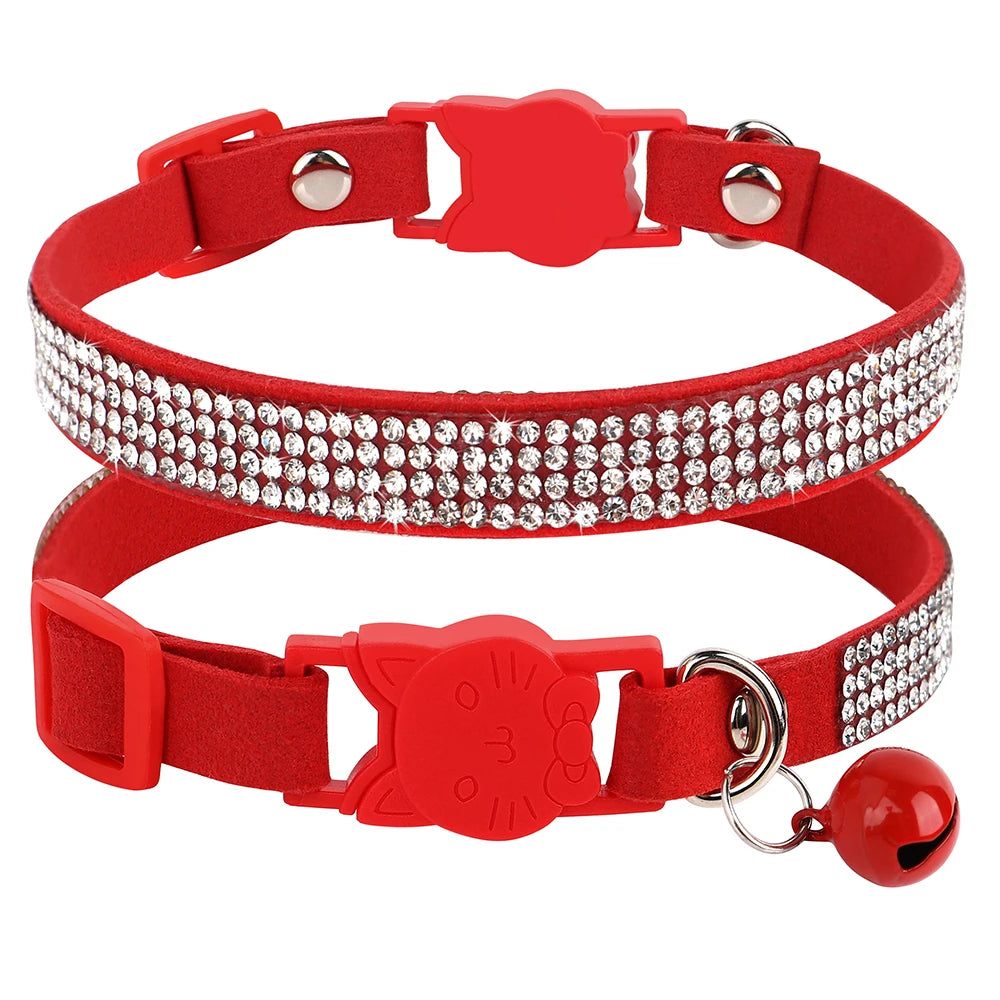 Soft Pink Suede Leather Cat Collar - Cute Bling Rhinestone Design, with Bell & Safety Breakaway Buckle, Adjustable XS/S Sizes