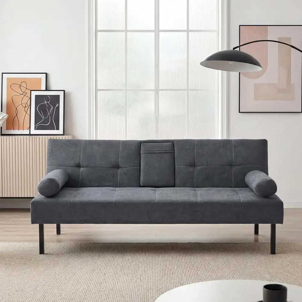 3-Seater Fabric Sofa Bed with Reclining Armrests and Grey Cup Holders