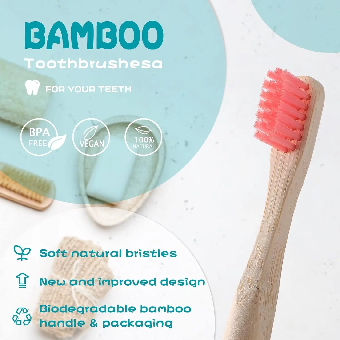 Bamboo Toothbrush,10Pcs Biodegradable Toothbrush with Medium Hard Bristles,Rounded and Comfortable Handle Toothbrush