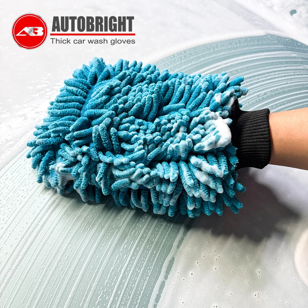 AUTOBRIGHT Oversized Double Sided Chenille Car Wash Mitt Red Blue Yellow Ultra Soft Professional Tool DIY Car Exterior Cleaning