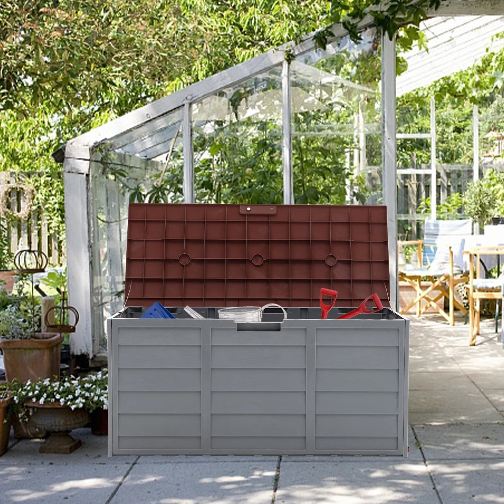 Voltsify 290L Waterproof Large Plastic Garden Storage Box with Lift-up Top  and Wheels