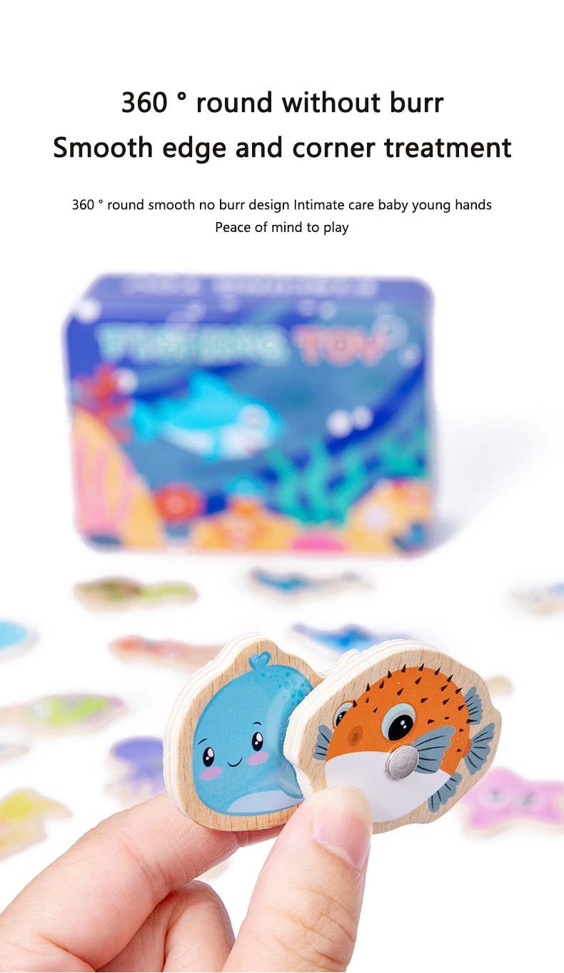 Montessori Wooden Magnetic Fishing Toys Marine Life Cognition Fish Games Early Educational Toy for Kids Parent-child Interactive