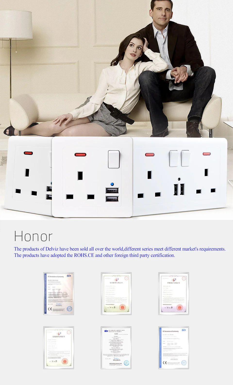 UK Standard 13A Switched Wall Socket with Dual USB Charger Ports LED Indicator Standard Size Easy Fit Wall Mounted USB Power