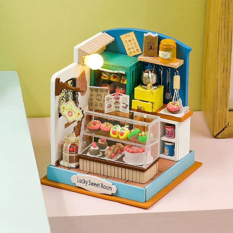3D Puzzles Wooden Coffee Shop Mini Dollhouse Kit DIY Handmade Assembly Building Dollhouses Toys For Kids Birthday Gifts