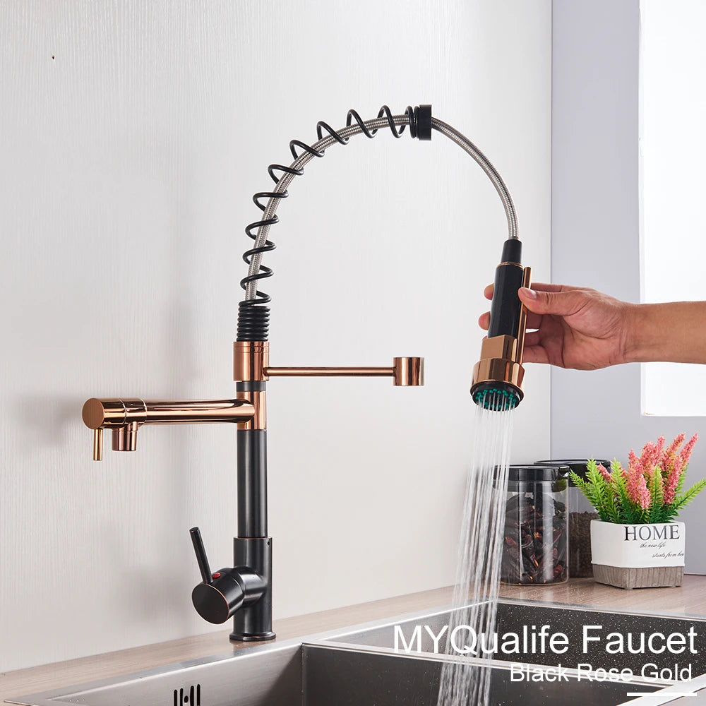 Black Pull Down Brass Kitchen Sink Faucet Hot Cold Water Mixer Crane Tap with Dual Spout 360 Rotation High Faucet Deck Mounted