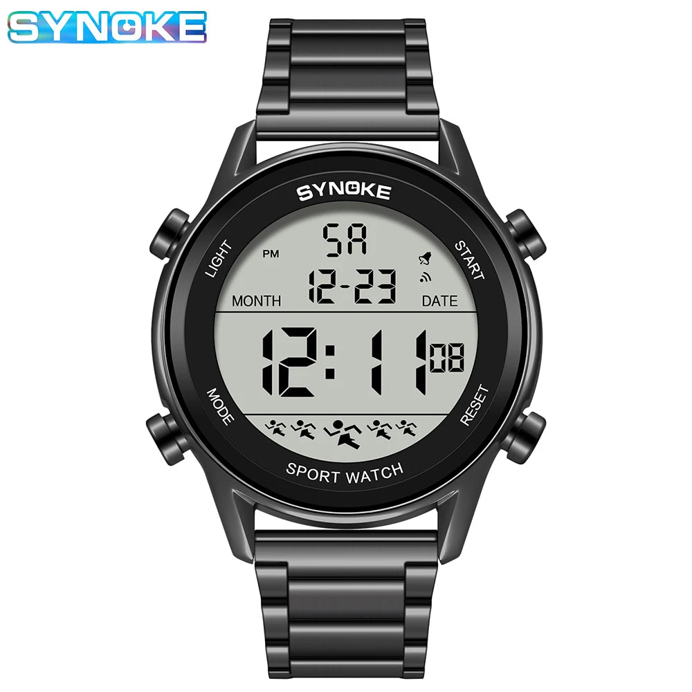 SYNOKE Top Luxury Stainless Steel Strap Sport Watches Mens Waterproof Back Light Digital Wristwatch Male Alarm