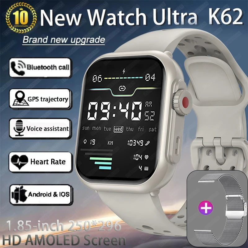 Watch Ultra K62 Men Women 1000mAh AMOLED 100+Sport Heart Rate HD Bluetooth Call GPS Track Waterproof Smart Watch For iOS Android